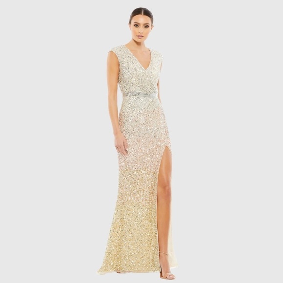 Mac Duggal 5489 NWT Cap Sleeve Sequined High Slit Gown - Picture 1 of 7